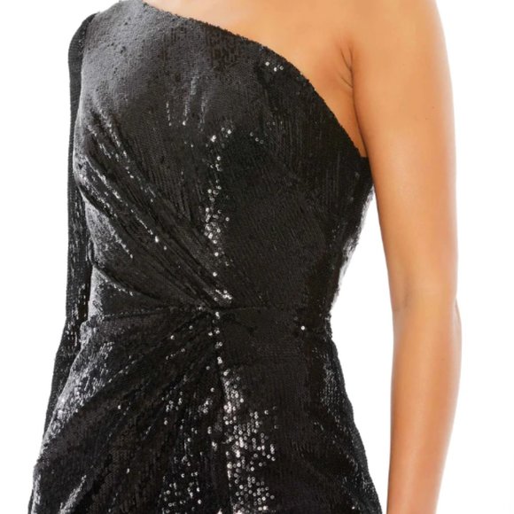 MAC DUGGAL 26688 RUCHED SEQUINED ONE LONG SLEEVE BLACK MIDI DRESS sz 8 - Picture 4 of 7